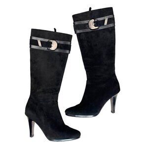 Cole Haan Black Suede Knee High Boots Nike Air Buckle Heel Size 8.5